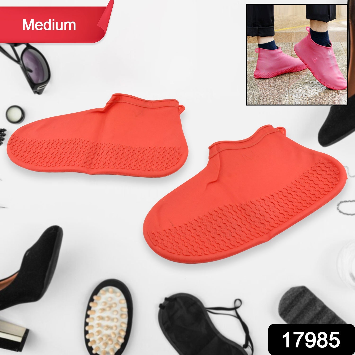 17985 Non-Slip Silicone Rain Reusable Anti skid Waterproof Fordable Boot Shoe Cover (Medium Size / 1 Pair / Red) 17985 Non-Slip Silicone Rain Reusable Anti skid Waterproof Fordable Boot Shoe Cover (Medium Size / 1 Pair / Red)